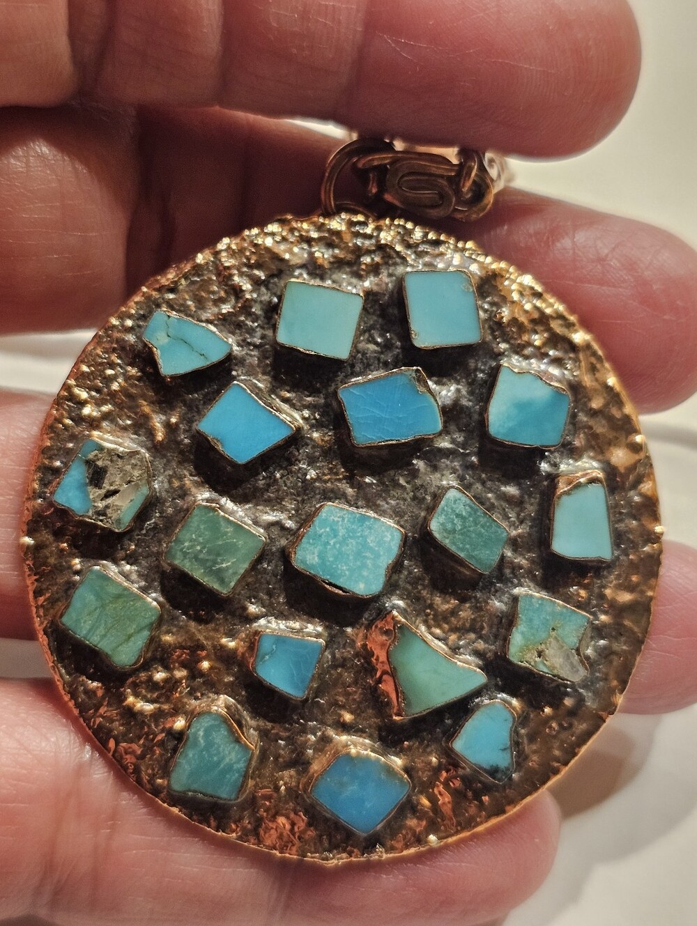 Vintage Bell Trading Post Corinthian Solid Copper Turquoise Mosaic Pendant Chain